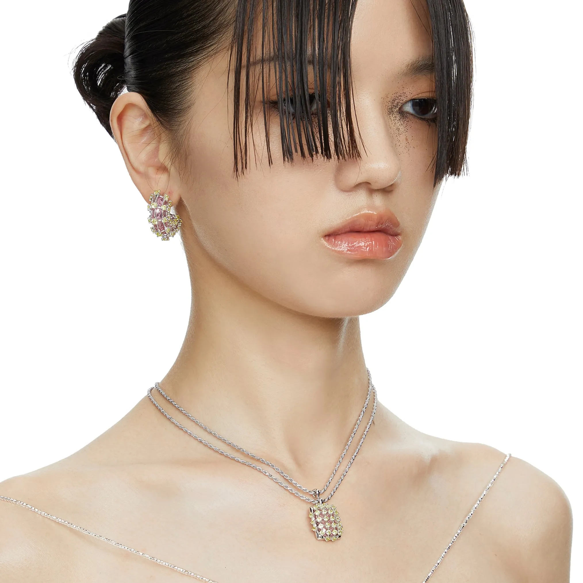 Ripple / Grid gem double connection Necklace