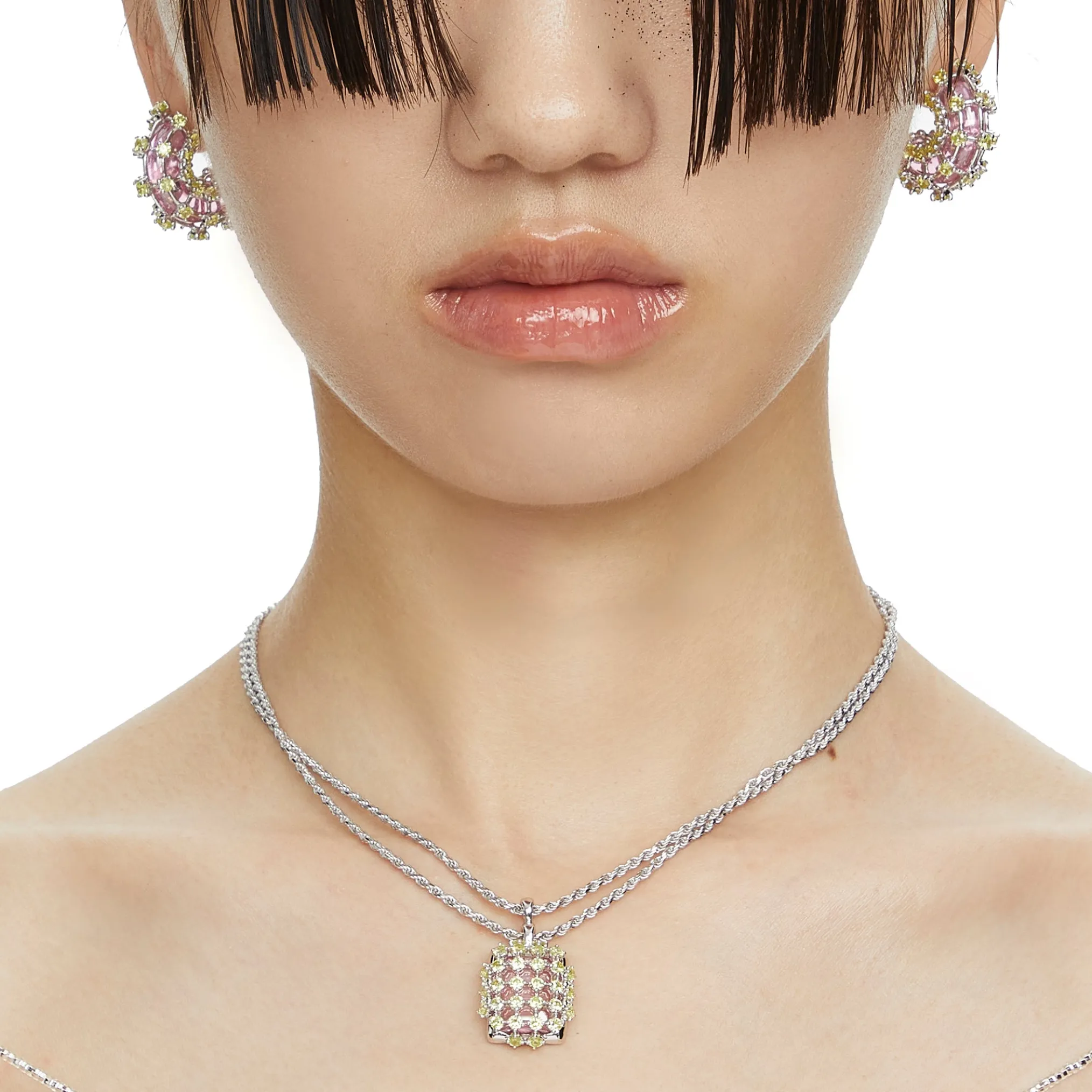 Ripple / Grid gem double connection Necklace