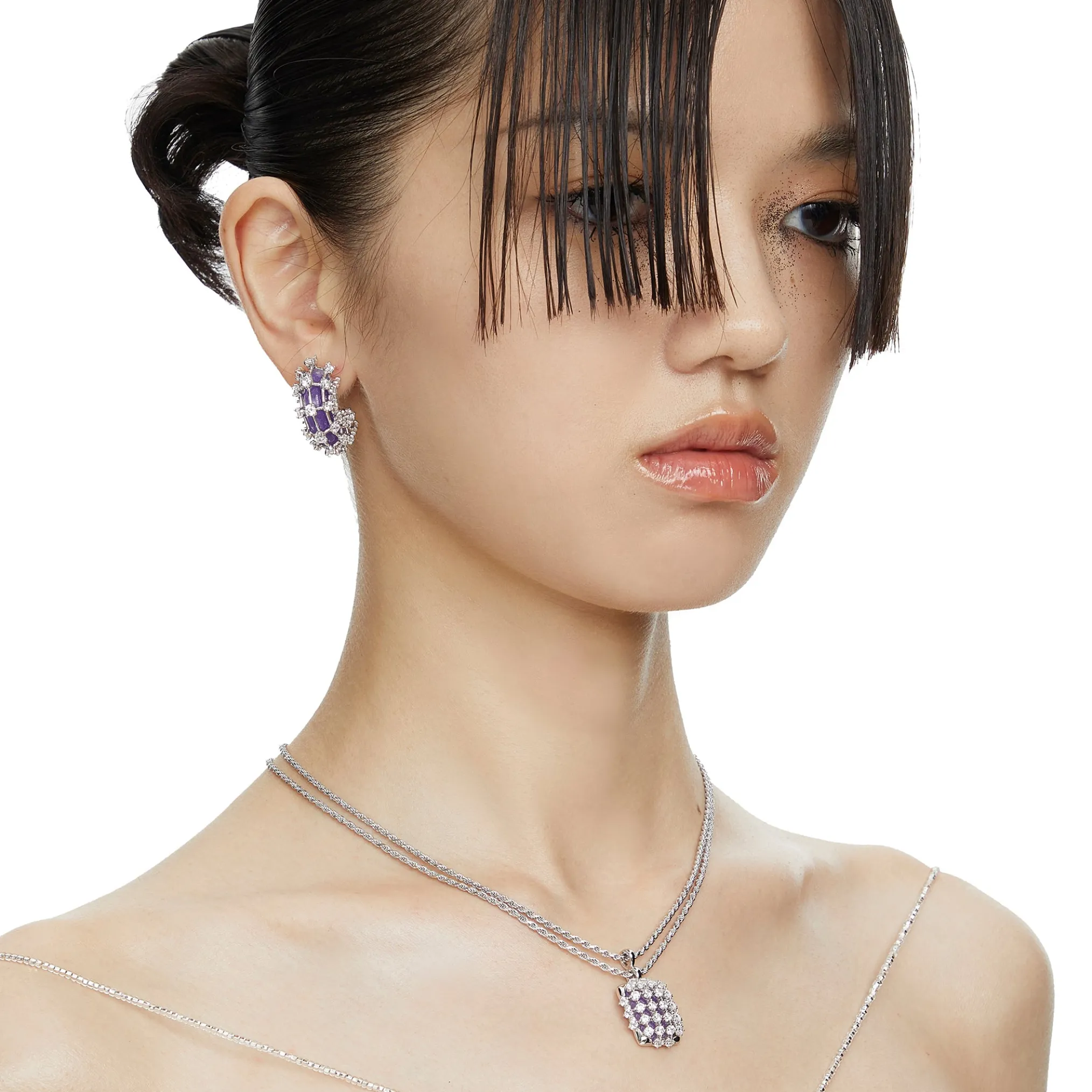 Ripple / Grid gem double connection Necklace