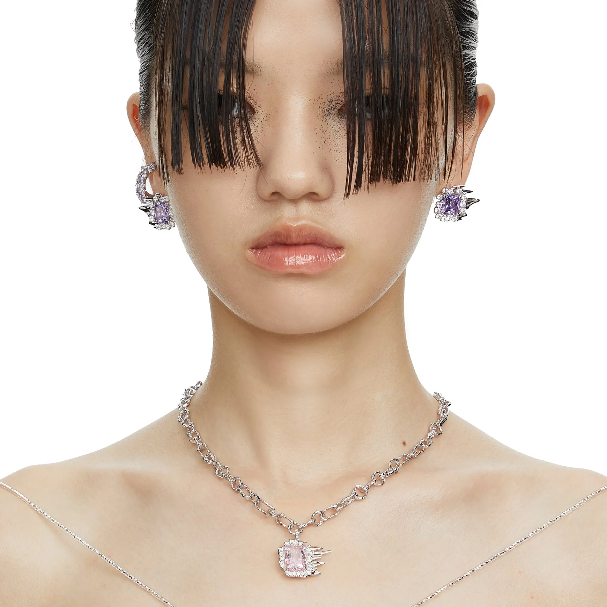 Ripple / Liquefied square zircon with texture chain Necklace